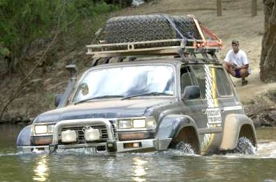 Toyota Land Cruiser crossing deep river
