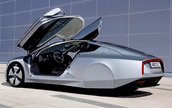 The Volkswagen XL1 with butterfly style gull wing doors open
