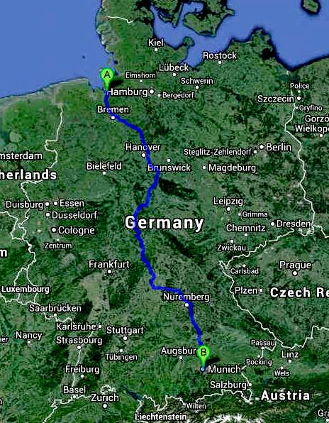 German Cannonball International route map, Bremerhaven to Munich