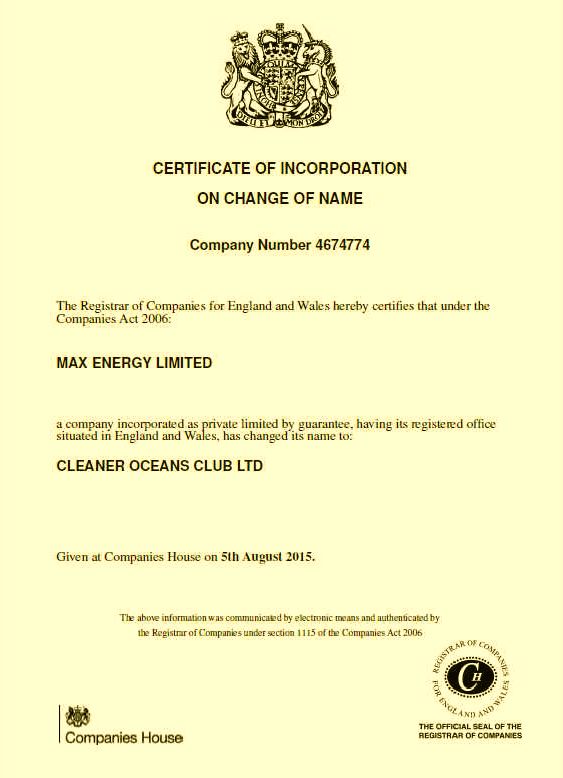 The Cleaner Oceans Club Ltd company certificate