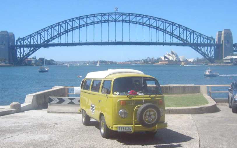 Vdub set against the famous Coathanger bridge, Sydney harbour, Australia