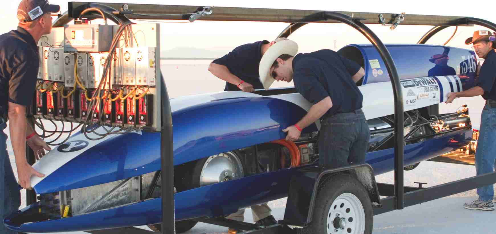 Brigham Young University electric blue streamliner transportation rig